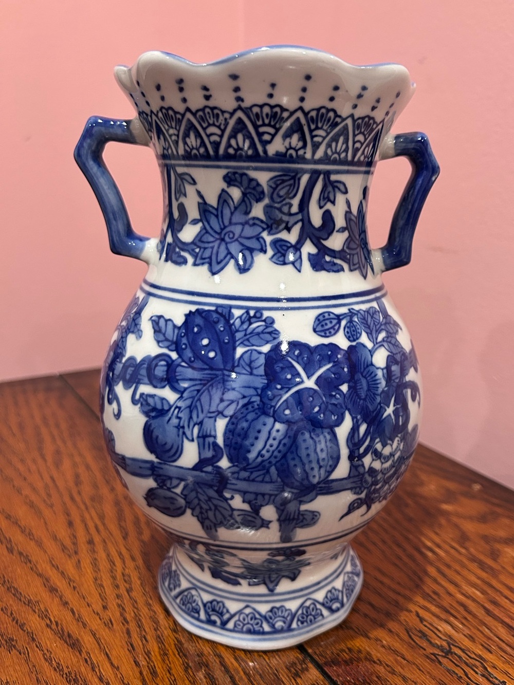 Vintage Asian Blue and White Floral Ceramic Vase - Classic Home Accent